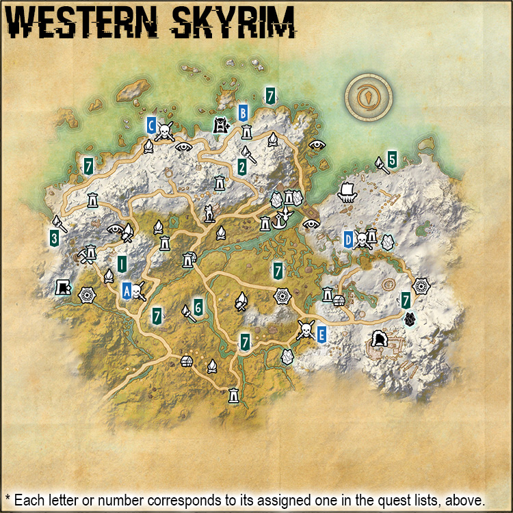 Map of Western Skyrim Delve and World Boss Locations